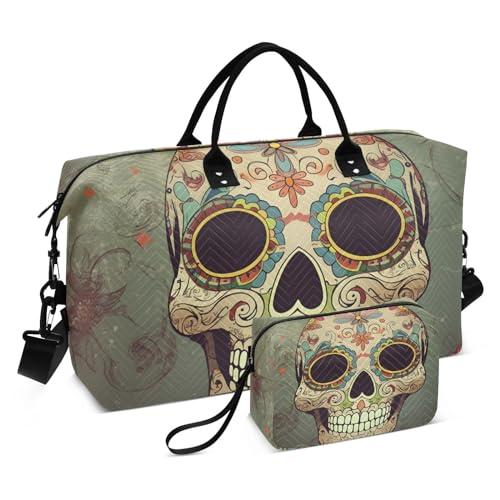 Large Travel Duffel Bag, White Mexican Skull Sports Tote Gym Bag, Shoulder Weekender Overnight Bag for Women Men, Carry On Luggage with Toiletry Bags