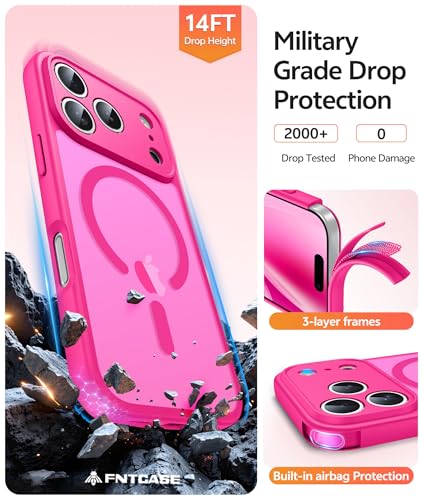 Image of FNTCASE for iPhone 17 Pro Max Case: [Compatible with Magsafe] Translucent Matte Cases with [Full Camera Protection] [Screen Protector] Military Grade Shockproof Protective Phone Cover - Hot Pink