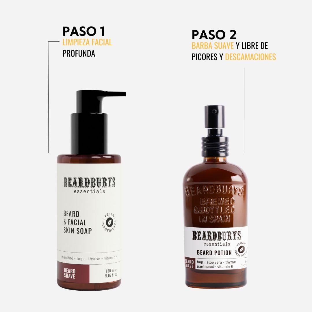 Essentials Skincare - Pack Cuidado Barba Hombre Diario | Incluye Limpiador Barba y Cara + Acondicionador Barba | Antiarrugas, sin Picores y Fórmula de Rápida Absorción