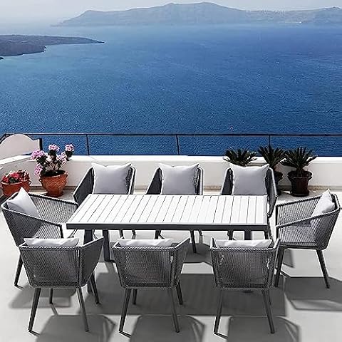 Astomi 9 Pieces Outdoor Patio Dining Set, Rattan Patio Furniture Table and Chairs for 8 with Cushion, for Patio, Backyard, Balcony, Lawn (Medium Grey) Cover