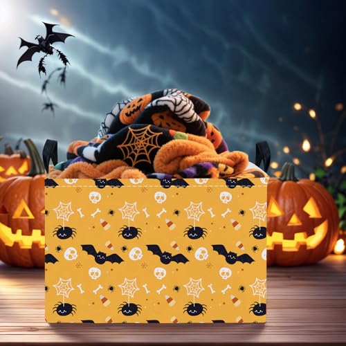 Image of Halloween Basket Gift Cute Pumpkin Ghost Parties Decor Kid Trick or Treat Basket for Boys and Girls Rectangular Storage Bin Box (Bat Spider)
