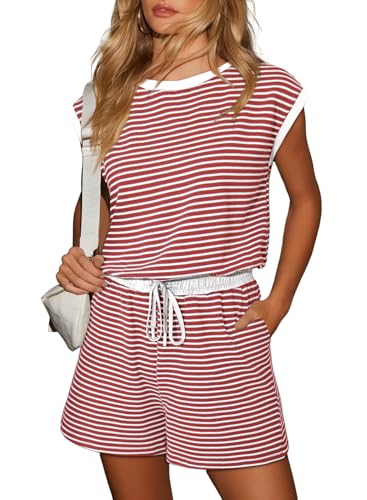 Dokotoo Overalls for Women Summer Red Striped Casual Rompers Sleeveless Loose Fit Jumpsuits Loose Summer Women's Short Rompers Overalls Large