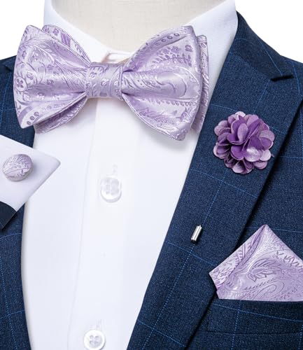 Image of DiBanGu Paisley Bow Ties for Men Silk Self Tied Bowtie and Pocket Square Cufflinks with Lapel Pin for Wedding Party
