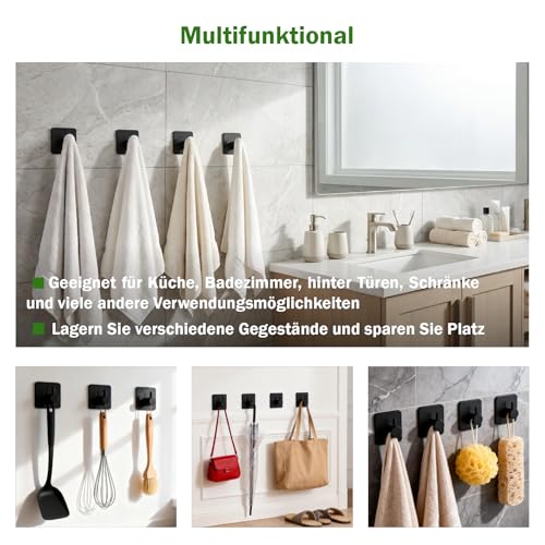 Nordkai Handtuchhaken ohne Bohren 6er Set selbstklebende Wandhaken aus Edelstahl schwarz wasserfest rostfrei für Bad Küche WC Fliesen Glas und glatte Oberflächen bis 5 kg