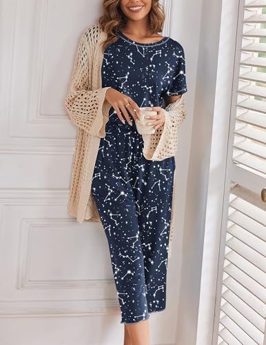 Ekouaer Women's Capri Pajama Sets Floral Print Short Sleeve Sleepwear Top and Capri Pants 2 Piece Loungewear with Pockets3