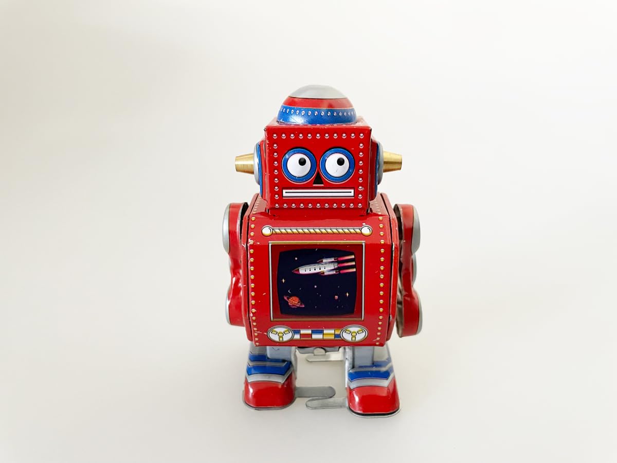 Brimtoy Little Red Robot with wind -up mechanism - nostalgic replica for adult collectors - wind up the key and watch him march off - 8 cm tall unisex