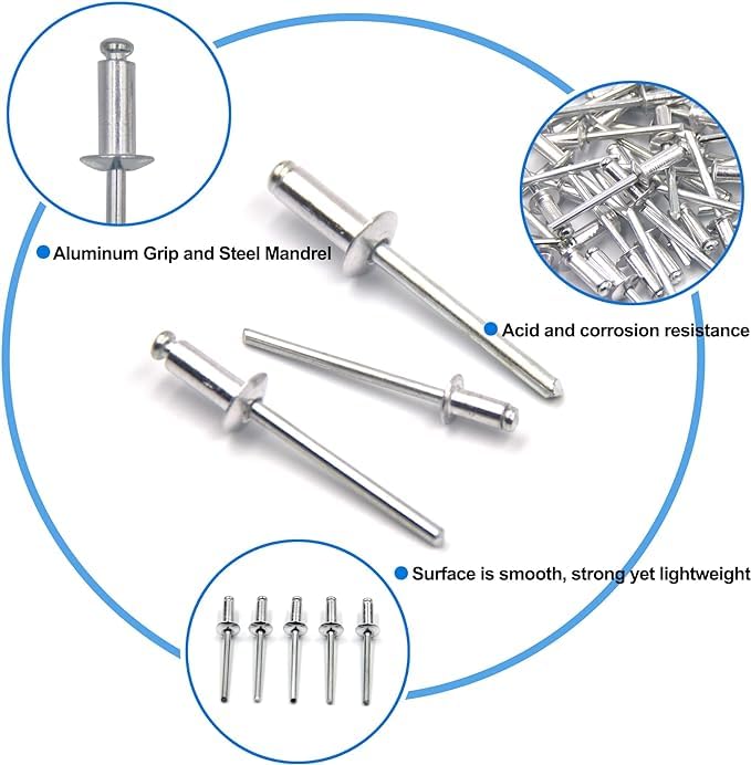 Rivetti Ciechi In Alluminio 4x8 Mm - Confezione Da 100 Pezzi, Estremità Aperta, Argento - Foto 10