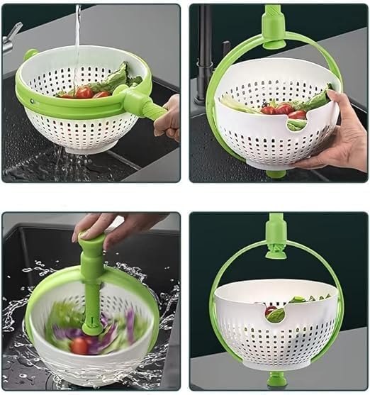 Image of Kitchen Salad Spinner with Rotating Drain Basket - Vegetable & Fruit Washer Dryer with Collapsible Handle