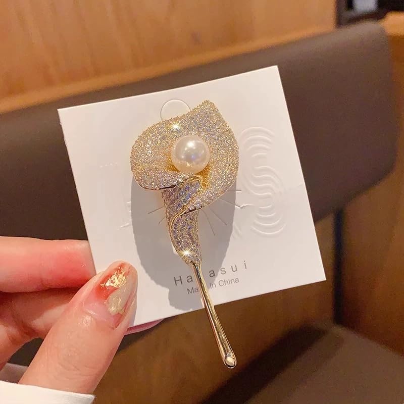 Image of Elegant Floral Brooch Pins for Women, Crystal Pearl Rhinestone CZ Flower Lapel Pin Wedding Party Exquisite Brooches and Pins for Women Ladies