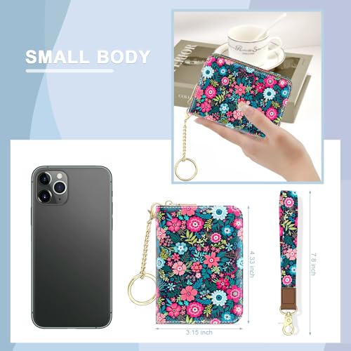 Image of Aiawoxc Credit Card Holder, Small RFID Wallet Slim Leather Card Organizer Case with Zipper and Wristlet Strap, Elegant Flowers