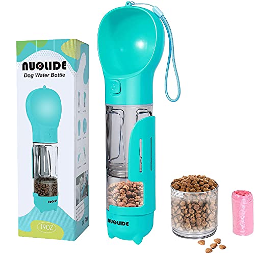 NUOLIDE Dog Water Bottles for Walking, 4 in 1 Portable Pet Water Bottle Dispenser Leakproof Dog Travel Water Bottle with Food Container & Waste Bag, Dog Accessories for Outdoor Hiking,19OZ(Lake-Blue)