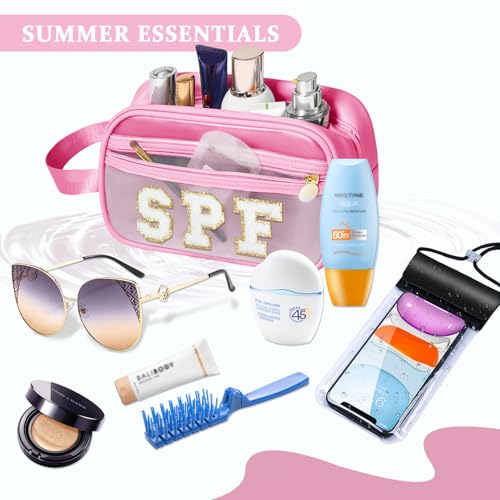 Image of COSHAYSOO Clear Sunscreen Bag Makeup Toiletries Pouch Beach Vacation Essentials Summer Travel Stuff Accessories Personalized Graduation Gifts for Women College Teen Girls Teacher Nurse Pink SPF