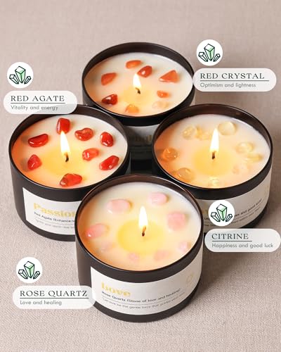 AOOVOO Crystal Love Candles Set for Women - 4 Pack 26 oz Soy Wax Candles for Home Scented, 200 Hour Long Lasting Candle, Laughter Red Crystal/Love Rose Quartz/Joy Citrine/Passion Red Quartz - Image 3