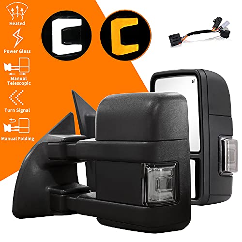 Towing Mirrors Compatible for F250 F350 F450 F550 Super Duty 1999-2016 Pickup Truck Power Adjustment Glass Heated with Turn Signal Light Manual Telescoping&Folding U-shaped Light,smoke lens