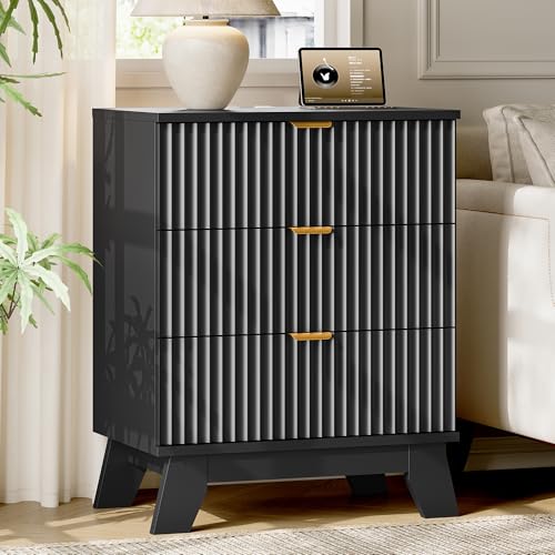 Image of Xixini Fluted Nightstand with Charging Station, Tall Bedside Table, Black