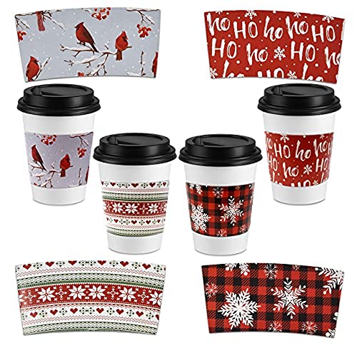 48 Pack Christmas Coffee Cup Sleeves Double Layer Corrugated Paper Sleeve for 12 and 16 oz Hot Cups Disposable Insulated Holiday Paper Jacket for Tea Chocolate Cocoa Beverage for Shops Bar Home Office