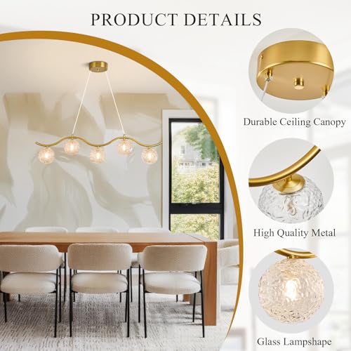 Image of Modern Linear Globe Chandelier Gold 5-Lights Mid Century Linear Chandelier for Dining Room Clear Glass Globe Light Fixture for Kitchen Island Living Room