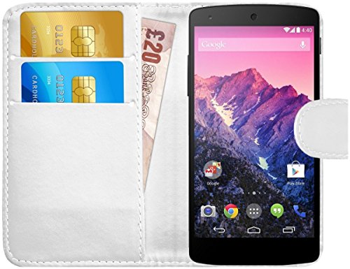 GizzmoHeaven LG Google Nexus 5 Funda de Piel Carcasa Funda con Tarjeta Soporte Case Funda para LG Google Nexus 5 con Protector de Pantalla y lápiz, Compatible con LG Google Nexus 5, Color Blanco