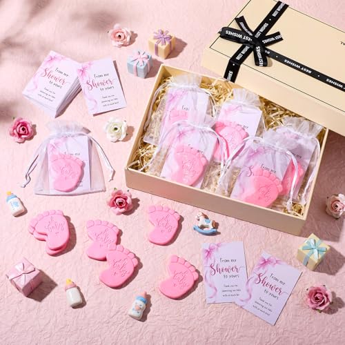Image of 50 Sets Baby Shower Soap Favors for Guests - Mini Handmade Footprint Scented Soap with Thank You Cards and Organza Bag, Party Gifts for Gender Reveal Baptism (Bow,Pink)
