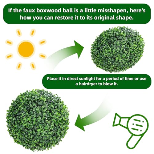GarveeHome 2 Pcs Artificial Plant Topiary Balls Outdoor, 15" Faux Boxwood Balls Fake Green Plants Decorative Spheres for Front Porch Patio Garden Backyard Home Wedding Decor