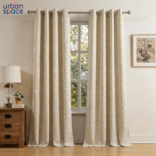 Image of Urban Space 80-85% True Blackout Curtains for Long Door, Gold Foil Printed Blackout Curtains, Blackout Decorative Door Curtain Eyelet with Tieback, 1 Piece Curtain for Living Room(Hex Beige, 8 Feet)