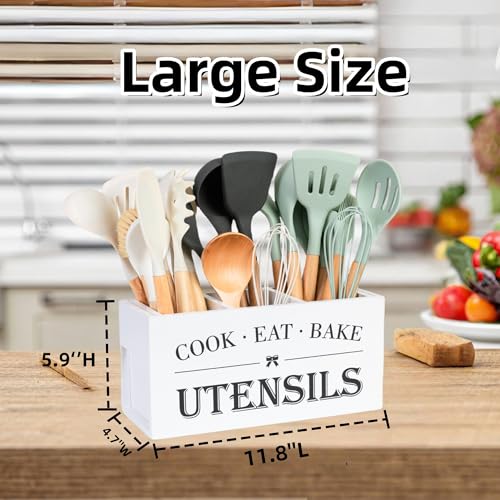 Utensil Holder,Large Wooden Utensil Holder For Kitchen Counter,Cooking Spatula Organizer,Big Storage Caddy With 3 Compartments Flatware Spoon Tool Cutlery(White)