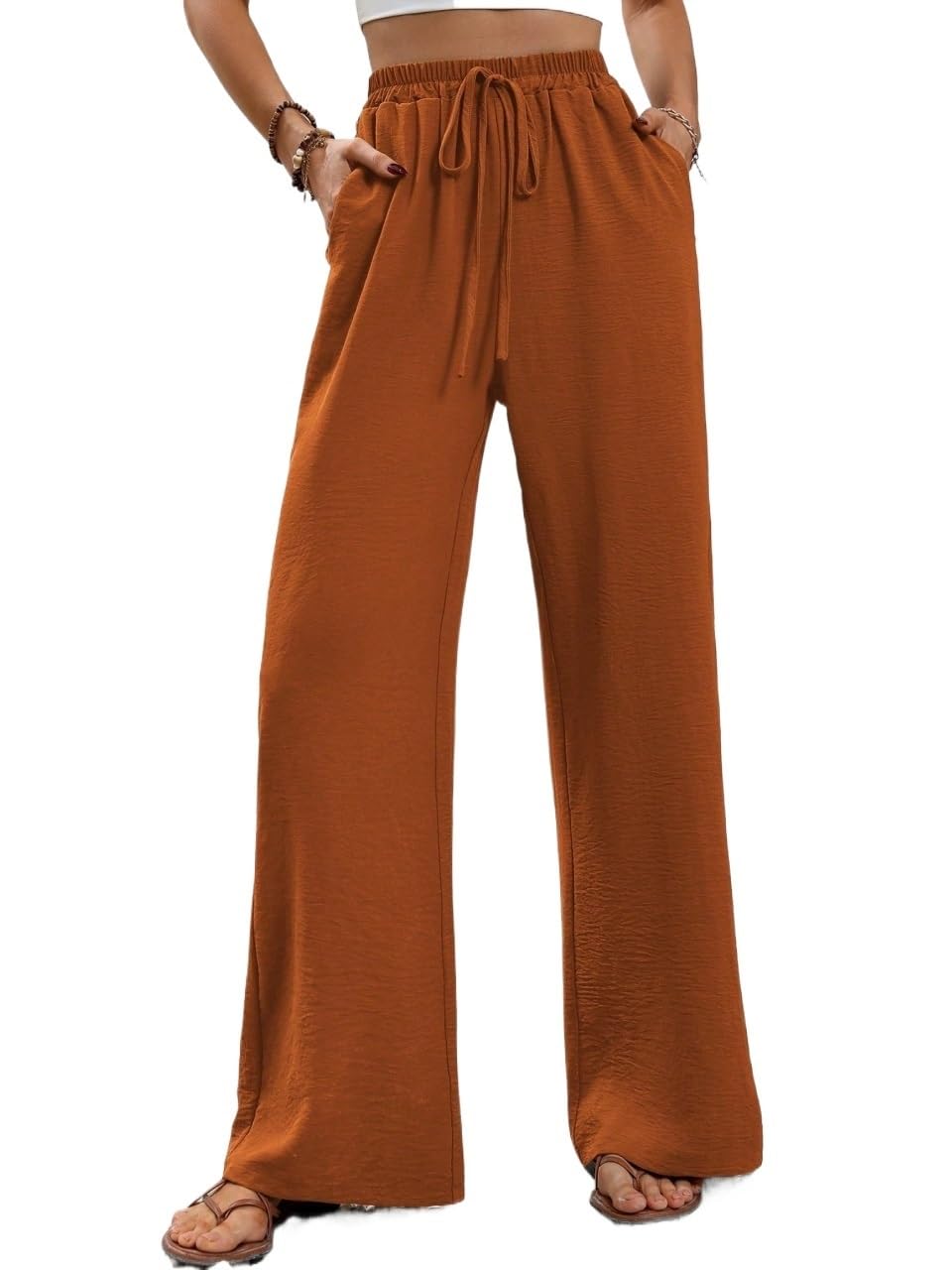 Womens Fall Tie Waist Wide Leg Pants Trousers Orange