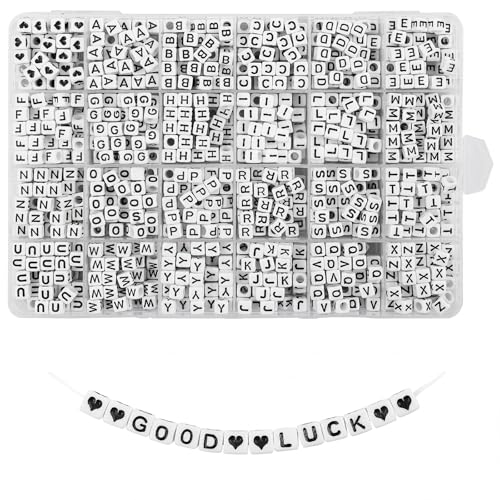 Quefe 1440pcs Acrylic Letter Beads White Cube Sorted Alphabet Beads for Jewelry Making Bracelets Necklaces Key Chains (6 x 6mm)