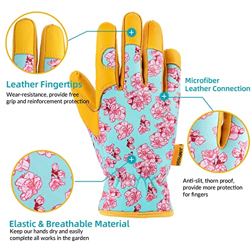 Jumphigh Leather Gardening Gloves For Women, Tough Cowhide Working Gloves, Flexible Breathable Spandex, Thorn Proof Garden Gloves For Yard, Gardening Gifts For Gardener (Medium) #TOP2