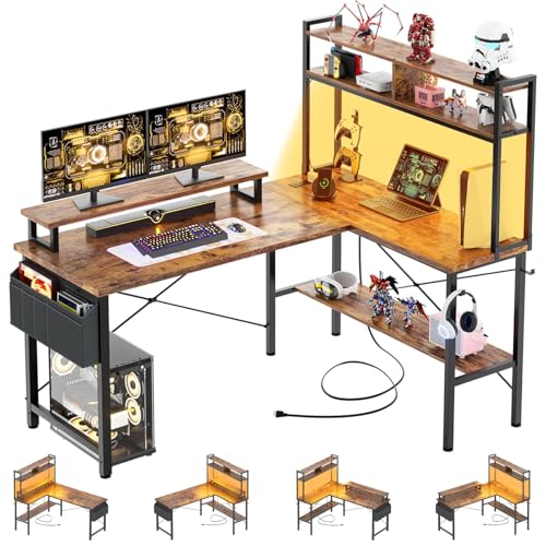iSunirm Escritorio Gaming con LED,125x90 cm Escritorio en L con Enchufes y Puerto de Carga USB,Mesa para Ordenador con Estante para Monitor para Oficina en Casa,Marrón