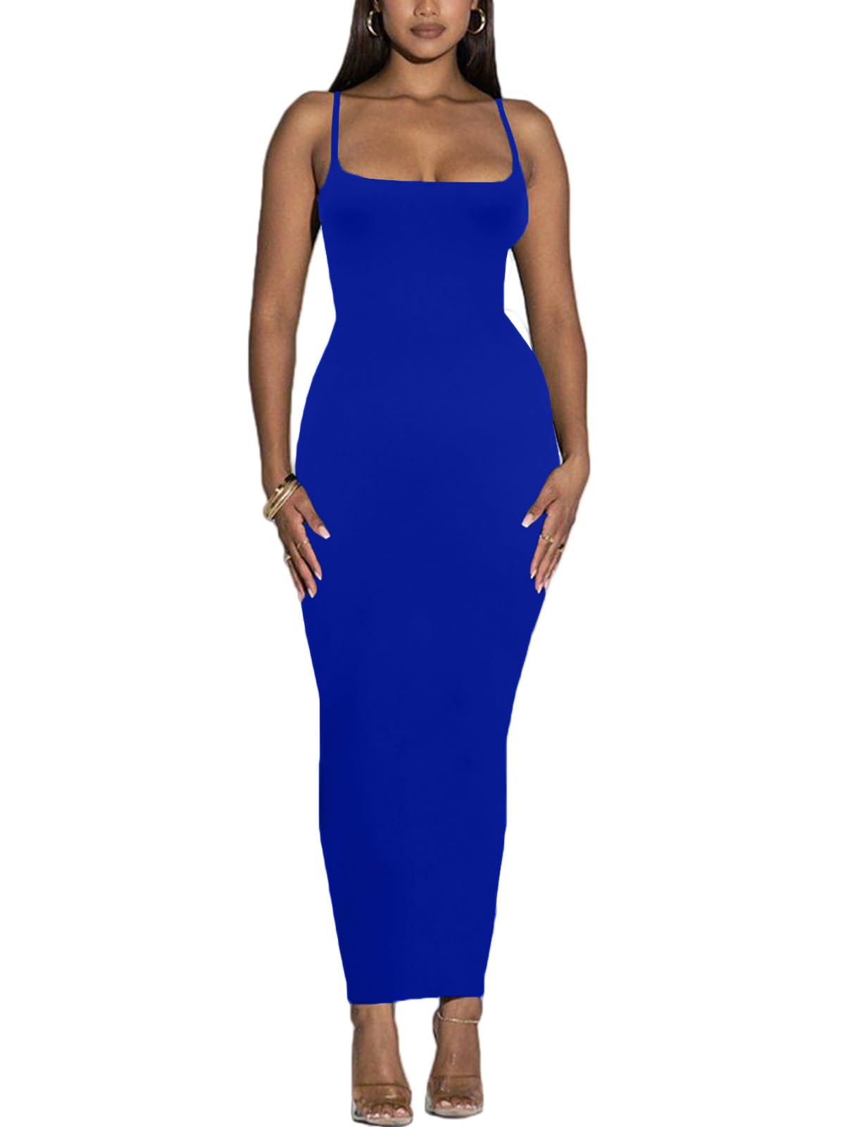 Women's Spaghetti Strap Bodycon Dress - Summer Casual Maxi Club Party Long Tight Slip Dresses