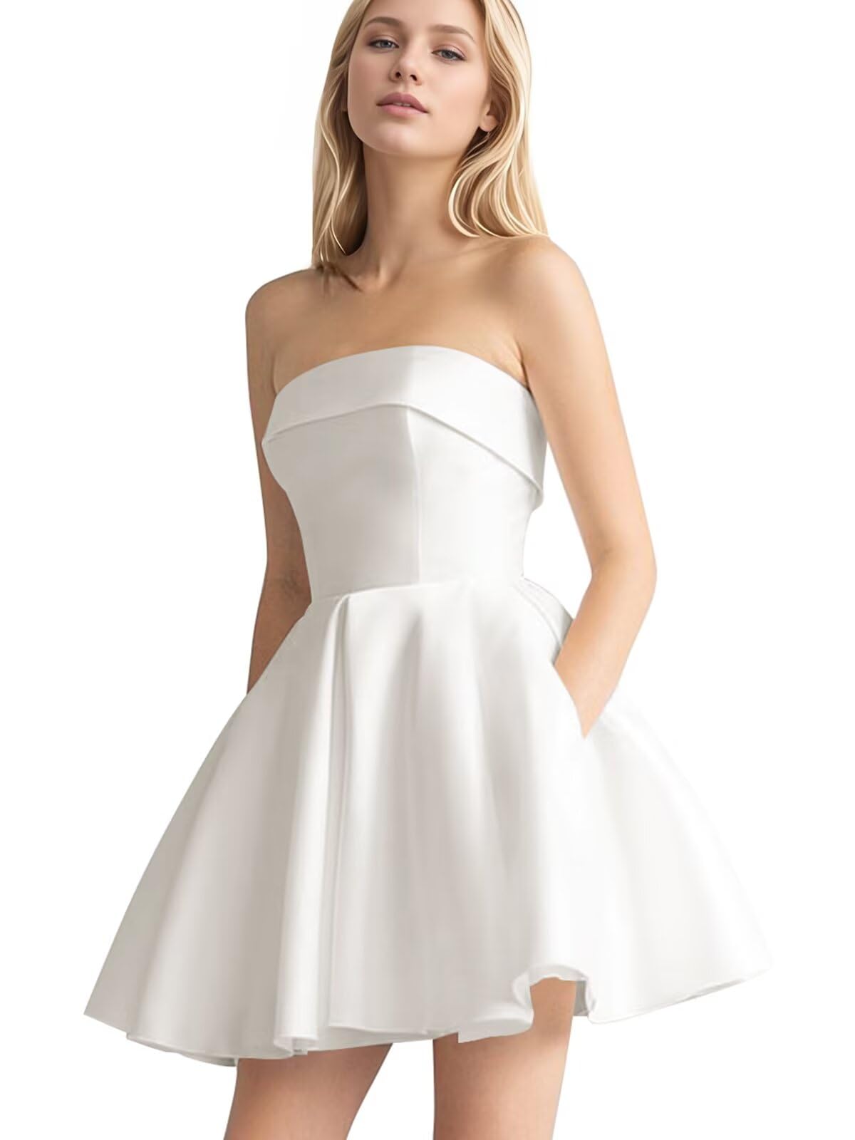 Leeskoot Vestidos de satén para adolescentes, vestido corto sin tirantes, vestido de fiesta de graduación, vestido formal de cóctel con bolsillos