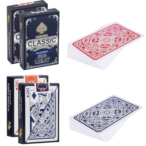 Snowtain 2 pares Poker Cards Plastic, Waterproof Playing Card, Poker ou Burraco Cards, Professional Waterproof Plastic Playing Cards para jogos em família e jogos de cartas. (vermelho/azul)
