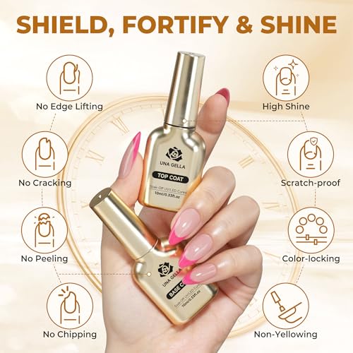 Image of UNA GELLA No Wipe 2PCS Gel Top Coat Base Coat Set, Highly Glossy Top Coat Gel Nail Polish Strengthen and Acid-Free Clear Nail Base Soak Off, Key to Manicure for Her (U V Cure Need)