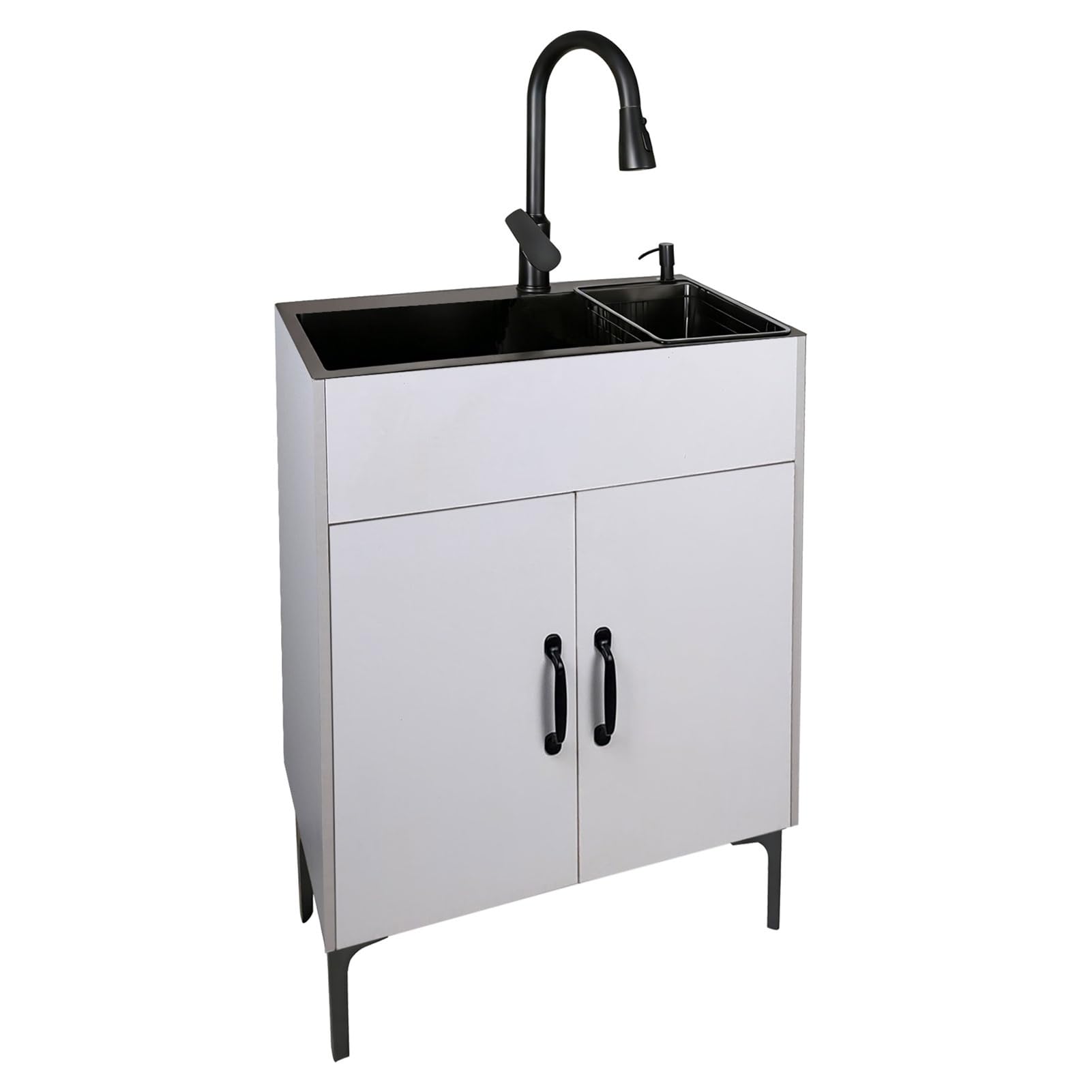 Fregadero doble de cocina con mueble y grifo extraíble blanco de 24 pulgadas
