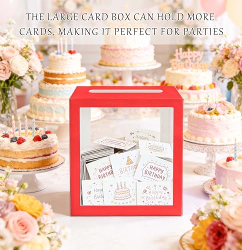Image of SietDESEO Red Card Box for Party with Clear Window Large Gift Card Box Holder for Wedding Reception Birthday Graduation Baby Shower Raffle Ticket Box