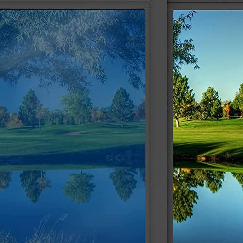 Image of WISDOM Window Privacy Film,One Way Mirror Film Daytime Anti UV Sun Blocking Heat Control Reflective Film Decorative Static Cling Home Office Living Room (20in x 5Feet, Blue Film)