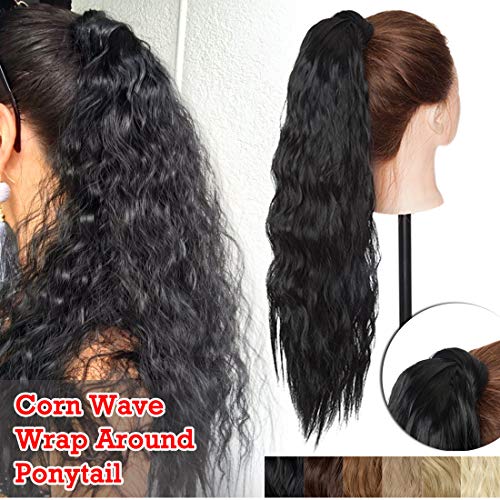 SEGO Long Corn Wave Wrap Around Ponytail Extension with Hair Pocket Kinky Wavy Curly Pony Tails Hair Extensions Magic Paste Synthetic Yaki High Ponytail For Girl Lady Women 20 Inch 90g Dark Black