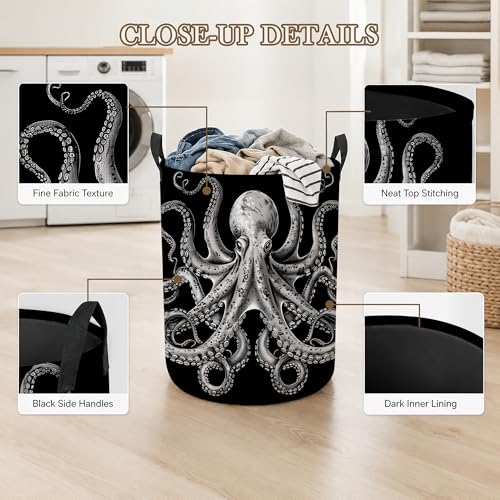 Image of Vintage Octopus Laundry Basket, Foldable Oxford Cloth Ocean Nautical Laundry Hamper with Handles, Tote Bag Clothes Storage Bucket for Laundry Room /Bathroom /Bedroom /Dormitories 20.8 inchx16 inch
