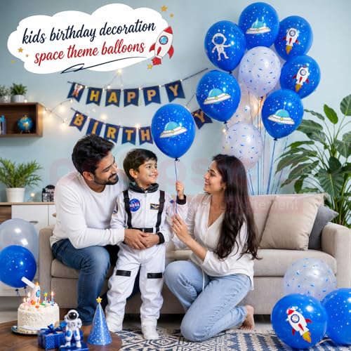 Image of Propsicle Space Theme Printed Latex Balloons 12 Inch, Blue Astronaut Rocket UFO Design for Kids Birthday Decoration, Supports Air and Helium - Pack of 10