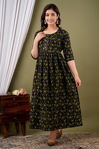 Image of Maternity Feeding Kurti for Women | Cotton Blend Anarkali Dress with Nursing Zip for Pre & Post Pregnancy