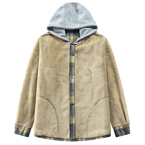 Image of Men's Cotton Plaid Shirt Jacket Fleece Flannel Sherpa Button Down