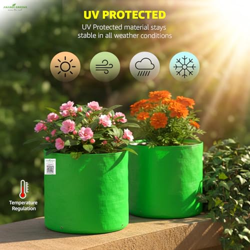 Image of Anandi Green's Premium HDPE Uv Protected 220 GSM Round Shaped Green Colour Plants Grow Bags Suitable for Terrace and Vegetable Gardening (Pack of 10, 6X6 INCH)