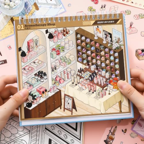 10 Set Themed Stores DIY 3D Stickers Scene Book, Restocking Game with Shelves, Supermarket Coffee Clothing Craft Shop Cute Cartoon Scene Stickers for Adult Kids Relief Stress Pass The Time - Image 3
