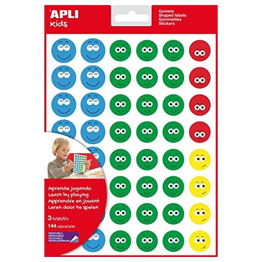 APLI Kids 14226 - Bolsa de gomets cara feliz-2, 3 hojas adhesivo removible, Surtido II