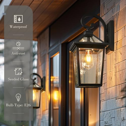 Image of zeyu 18 Inch Outside Light Fixture, Exterior Wall Lighting Fixture for House Porch, Die-Cast Aluminum with Seeded Glass, Black Finish, ZX58MB BK