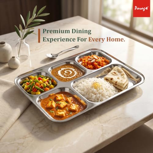 Image of Parage 6 Pieces Stainless Steel 3- Compartment Thali Set /Dinnerware /Dinner Plate Set / 3 in 1 Partition /Kitchenware for Home, Restaurants, Famliy Use, Bhojan Thali (Silver)