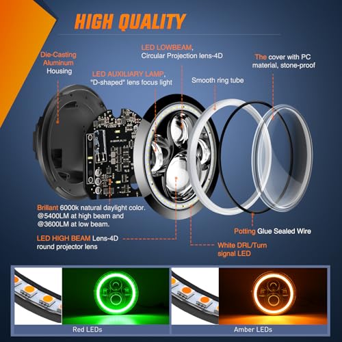 Image of Nilight 7 Inch Round LED Halo Headlights w /Turn Signal Amber Light Green DRL High Low Beam 7 inch Headlight Compatible with 2007 2008 2009 2010 2011 2012 2013 2014 2015 2016 2017 2018 Wrangler JK JKU