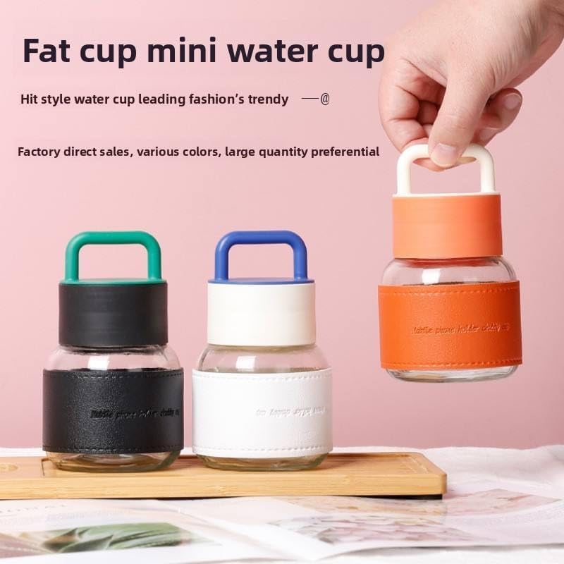 Image of Aesthetic Mini Glass Water Bottle with Handle Set Of 2, 300ml Handle & Protective Faux Leather Sleeve, Travel Tumbler for Coffee, Tea, & Juice, Leak-Proof, Pocket Bottle for School, Office -Multicolor