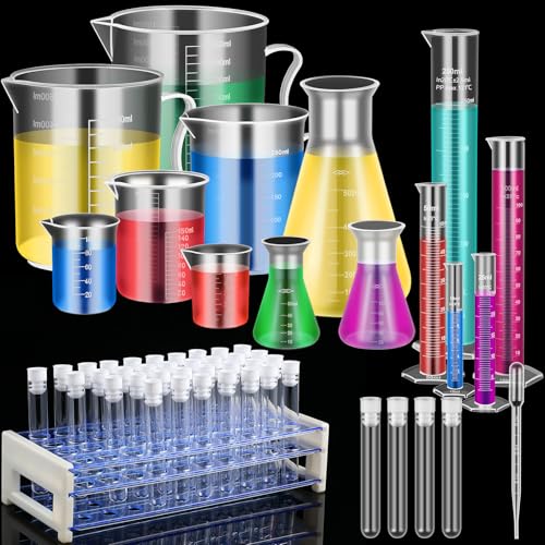 Baderke 40 Pcs Plastic Test Tubes With Rack 5 Graduated Cylinder 6 Beakers 3 Erlenmeyer Flask 10 Plastic Transfer Pipette For Lab Party Diy